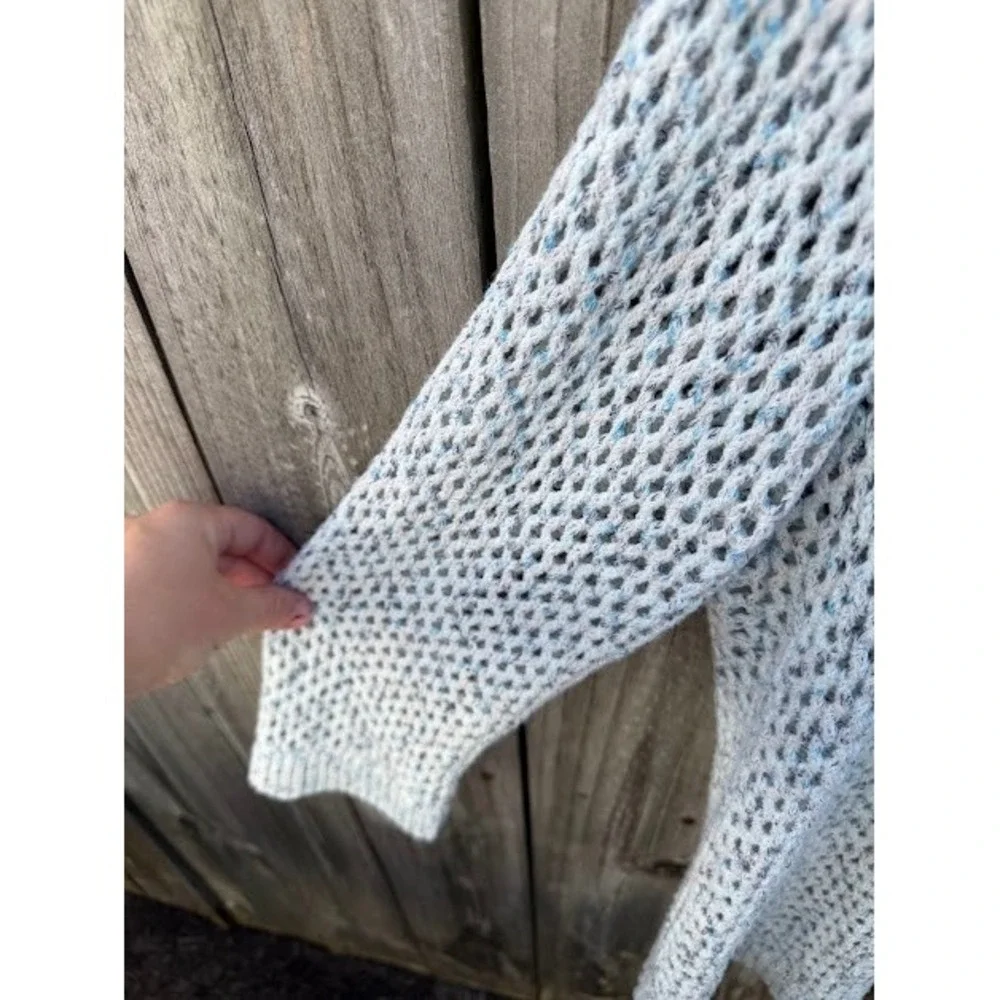 Boho Crochet Open Knit Cable & Gauge Cardigan XL Blue White Marled Mesh Sweater